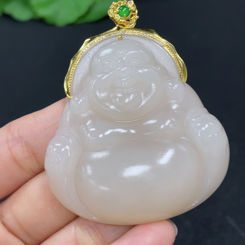 Hetian Jade Pendant, Buddha, 18K Gold Clasp, Total Weight Approx. 39.8g, Non-Hetian Jade Beads, Diamond Accents