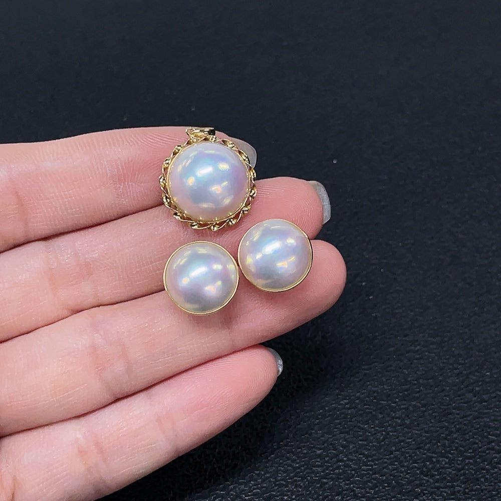 Composite Saltwater Pearl Pendant and Earring Set, 18K Gold