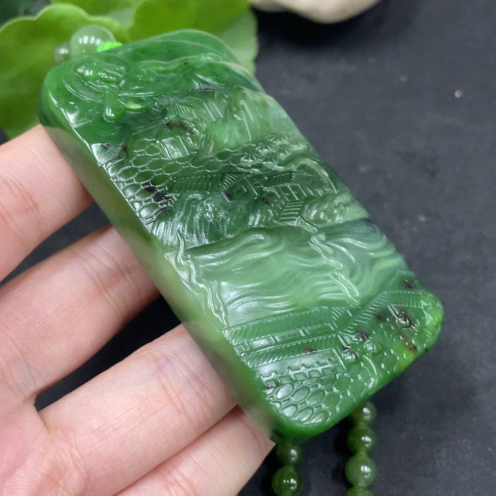 Huiliu Hetian Jade Buddha pendant with intricate carvings, depicting Buddha observing the world in vibrant green jade.