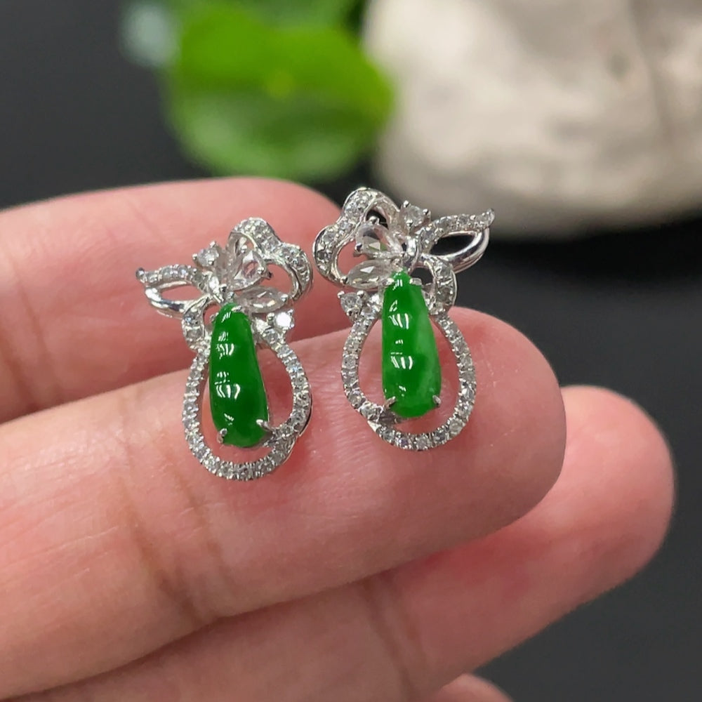 Jadeite Lucky Bean Earrings Pair Setting with Diamond Accents (only smallest accent stones) . | Huiliu Certified