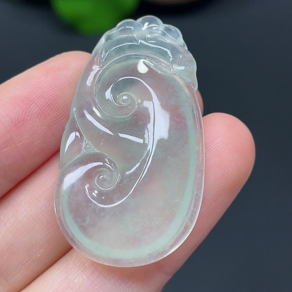 Jadeite Ruyi pendant from HKHQ, intricately carved jade jewelry weighing approximately 7.36 grams.