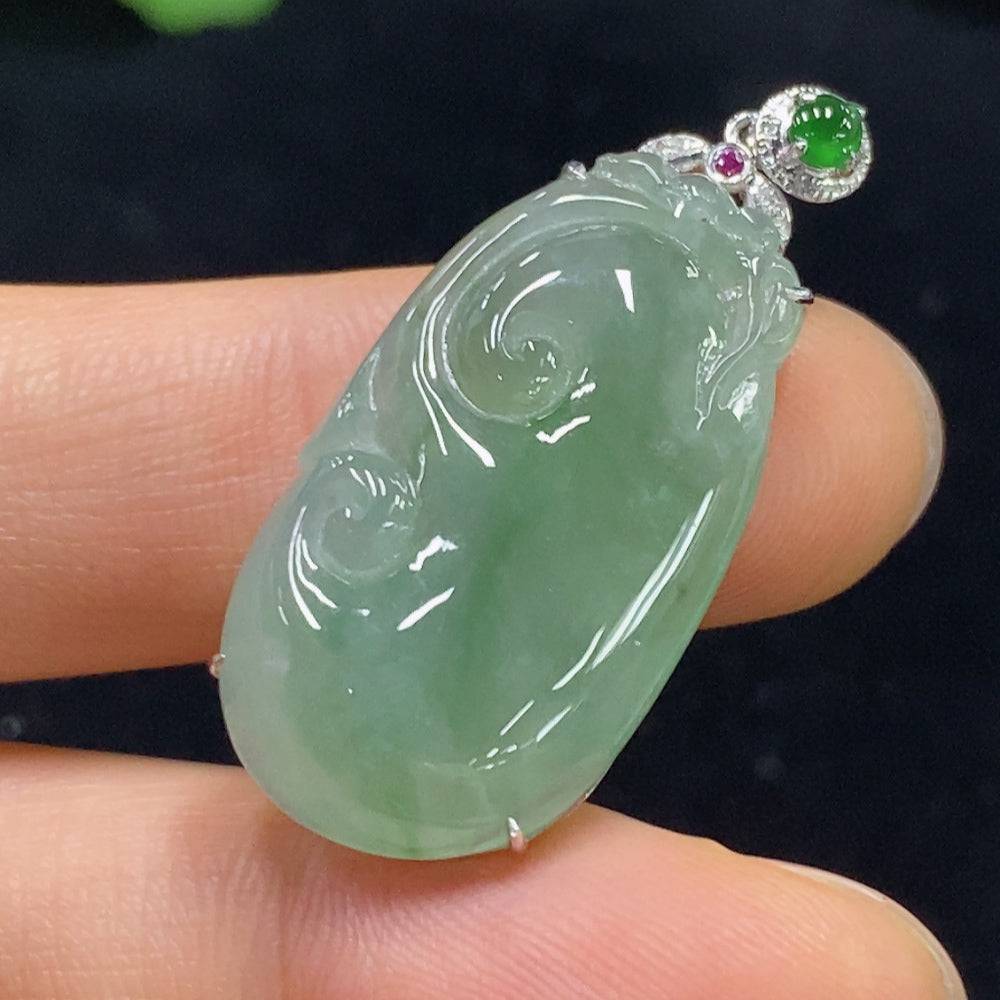 HUILIU HQ Jadeite Ruyi pendant with inlaid colorless diamonds, crafted from smooth green jade, showcasing elegant jewelry design.