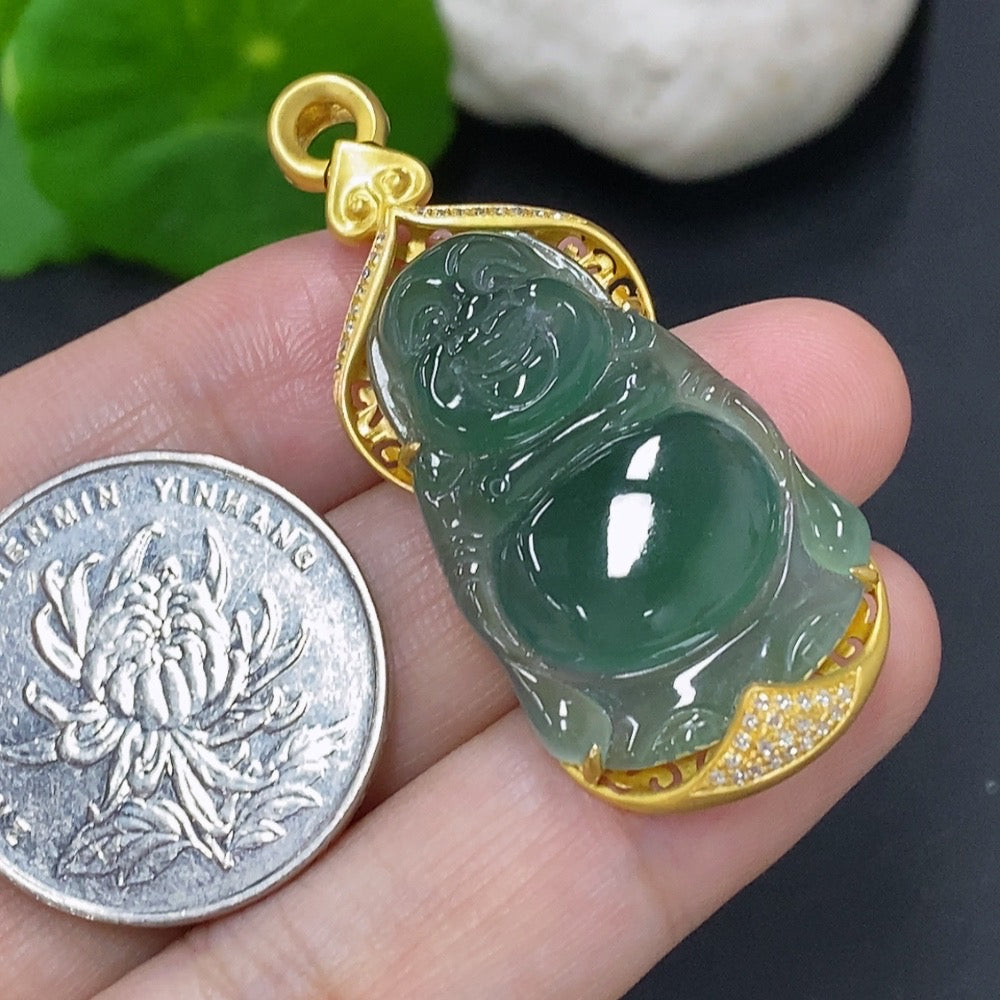 Jadeite Buddha Pendant with 18K Gold Mount, Total Weight Approx. 8.8g (Accented with Diamonds)
