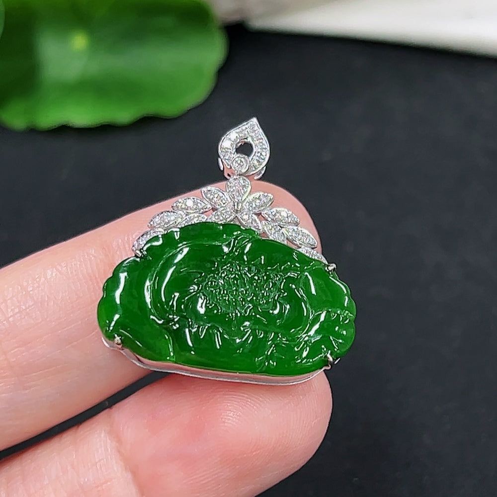 Jadeite pendant with 18K gold setting and diamond accents, elegant necklace featuring a polished green jade stone.