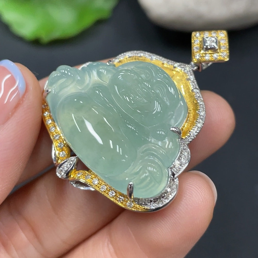 Jadeite Buddha Pendant with 18K Gold Setting, Total Weight Approx. 10.1g