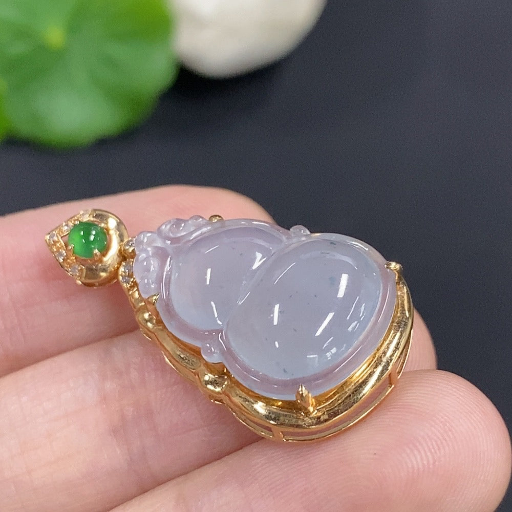 Jadeite Gourd Inlaid Pendant 18k Gold Total Weight Approx. 3.3g with Diamond Accents