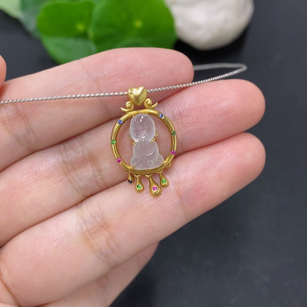 Jadeite inlaid pendant with 18K gold rope setting, featuring intricate jade design, from HKHQ.
