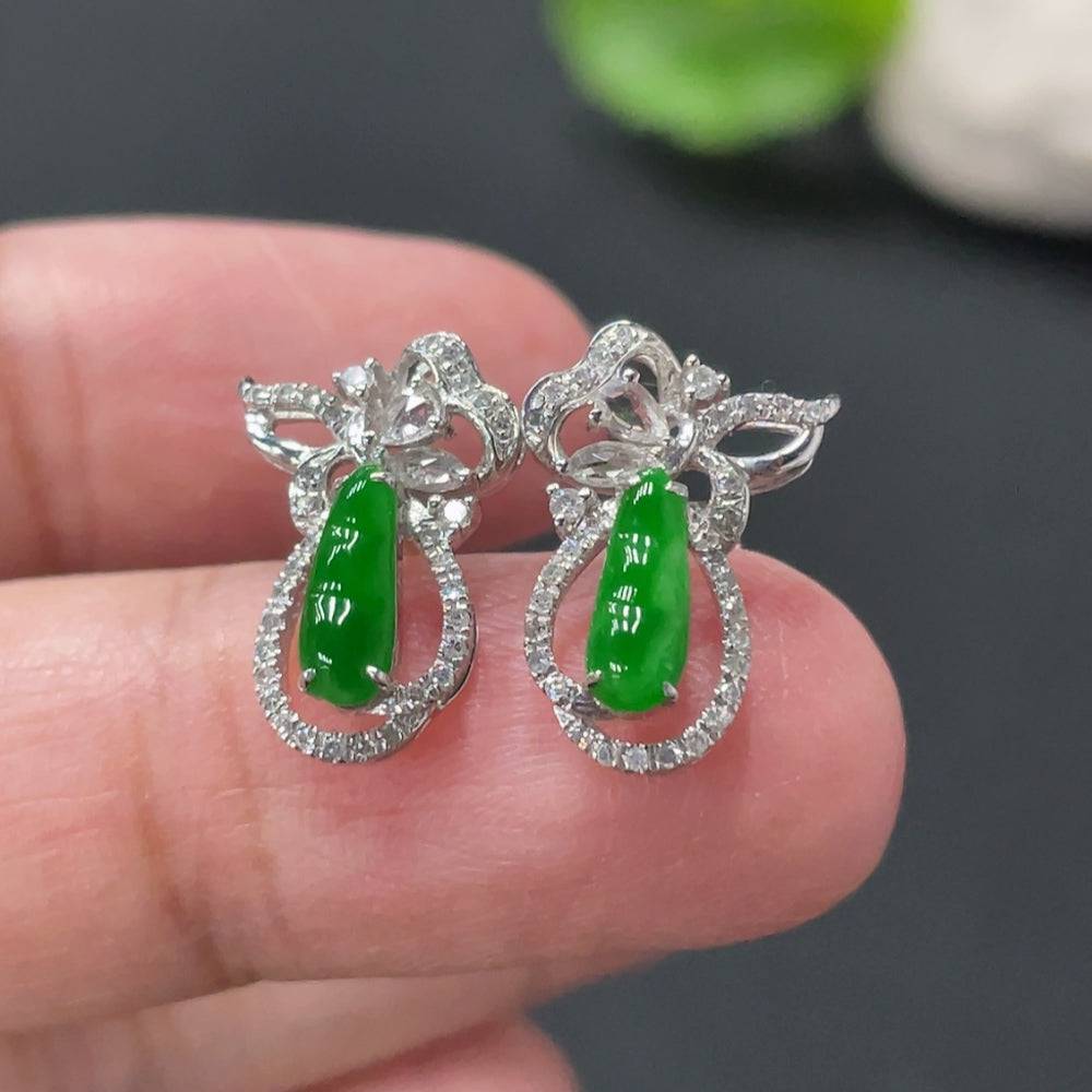 Huiliu jadeite lucky bean earrings pair with small diamond accents, crafted in jadeite with elegant setting and certified quality.