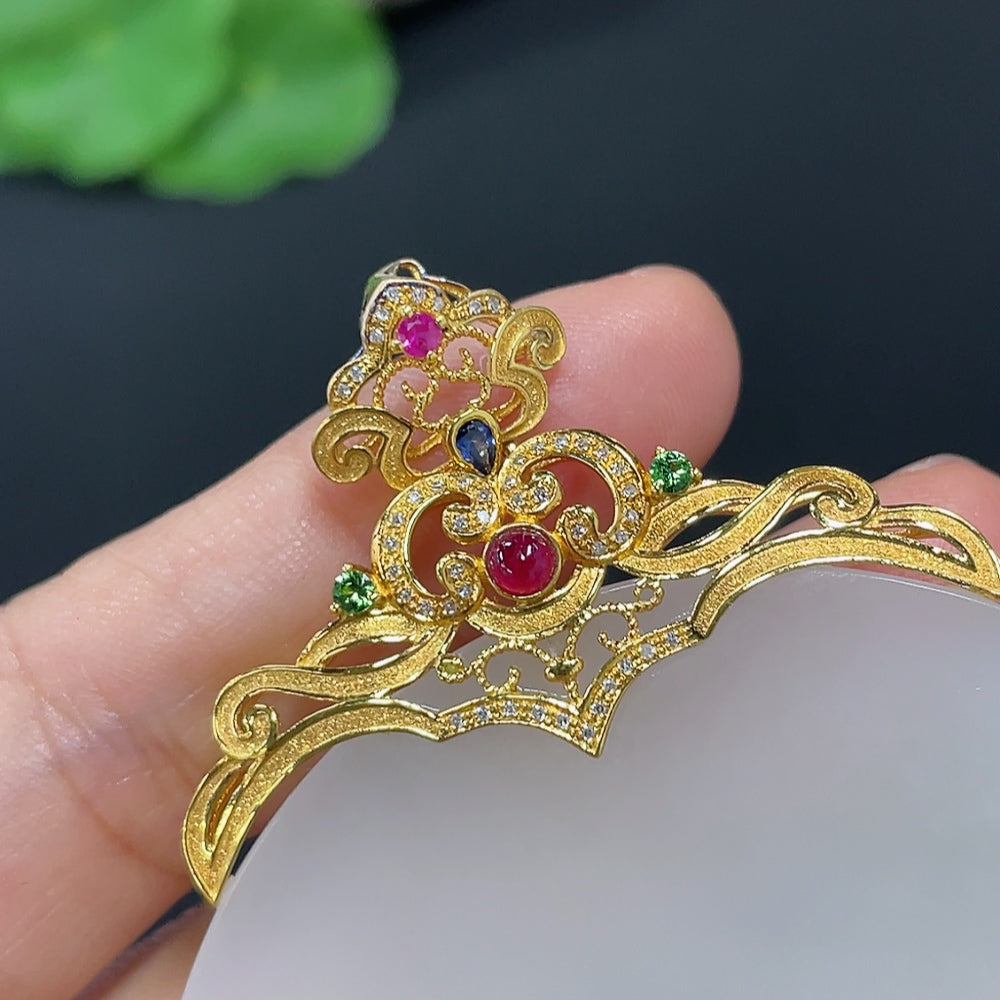Hetian Jade Inlaid Plain Pendant 18k Gold Set with Colorless Diamonds