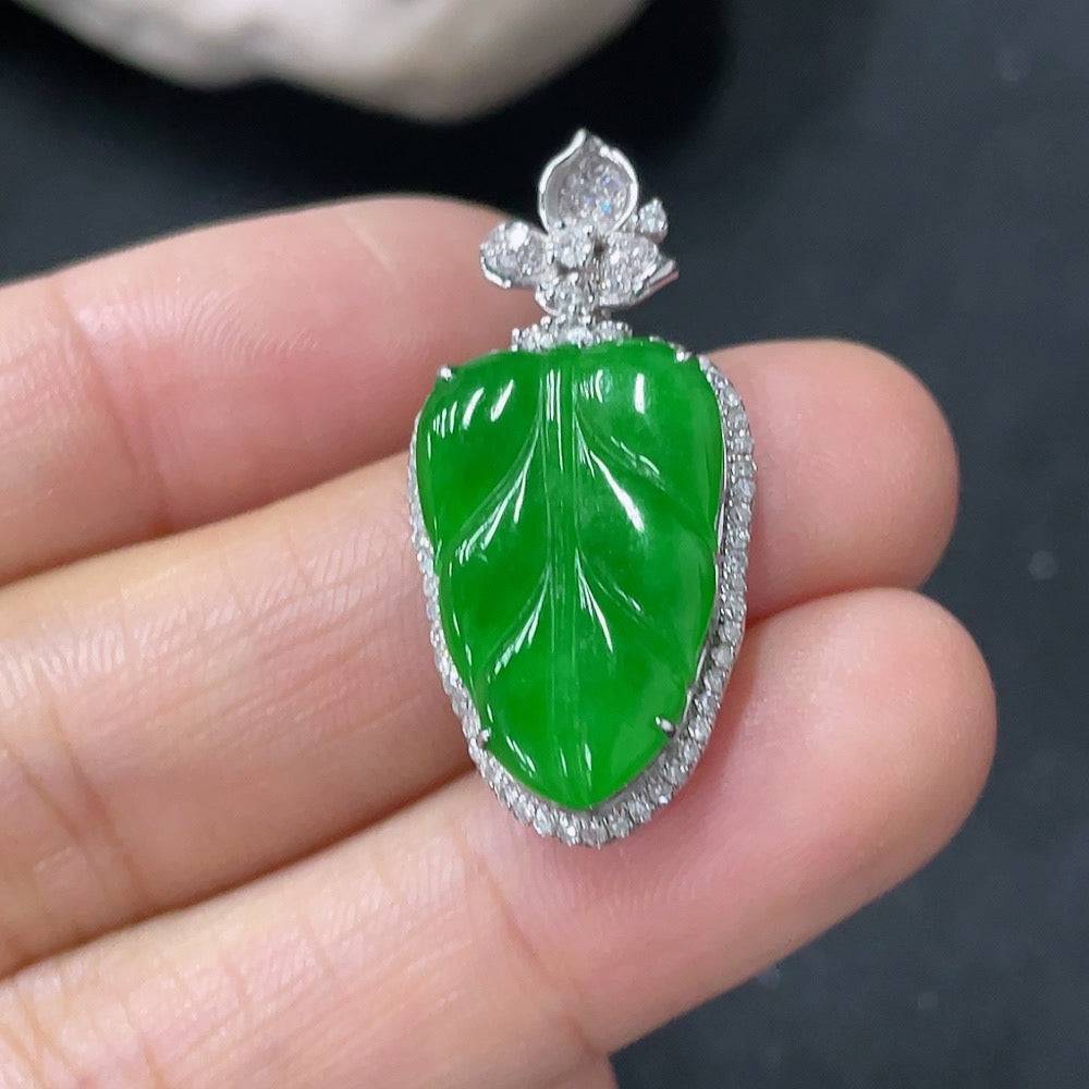 Huiliu Jadeite leaf pendant with diamond accents, crafted from high-quality jade, showcasing intricate leaf design and sparkling details.