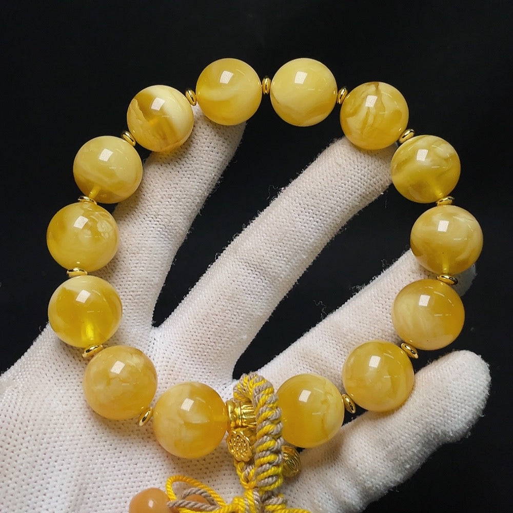 Amber Beeswax Bracelet with Partial Visible Repairs, Non-Natural Accent Stones, Non-Metal, Includes Cord, ., Size ~16.5mm | Huiliu Certified