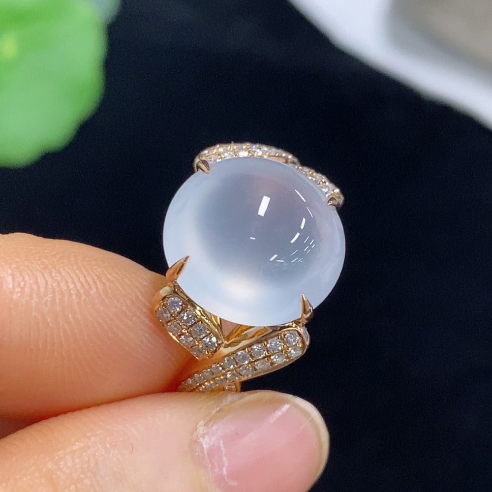 Jadeite Cabochon Ring with 18k Gold and Diamond Accents, Size 19, Total Weight Approximately 8.62g