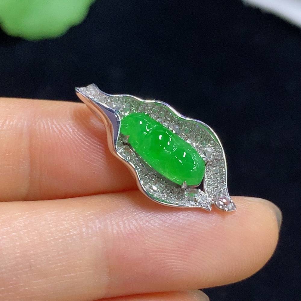 Huiliu Jadeite Blessed Bean Pendant with diamond accents, showcasing a polished jade gemstone and intricate design.