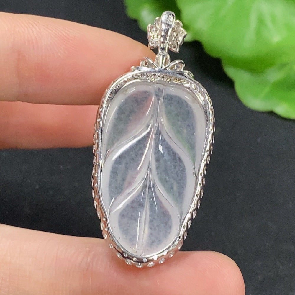 Jadeite Leaf Inlaid Pendant 18k with Diamond Side Stones