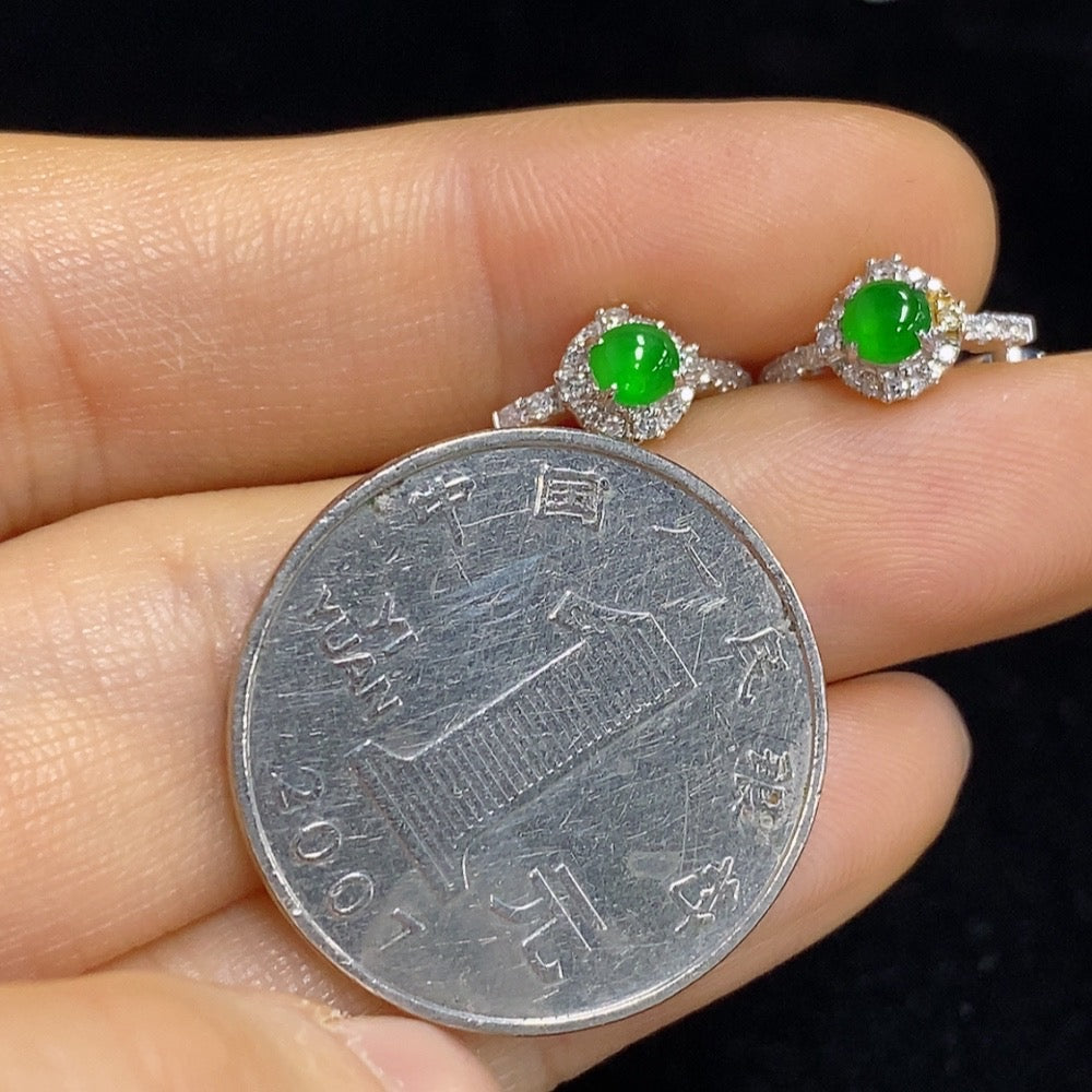 Jadeite Cabochon Stud Ear Clips 18k with Diamond Accents Total Weight Approx. 2.54g