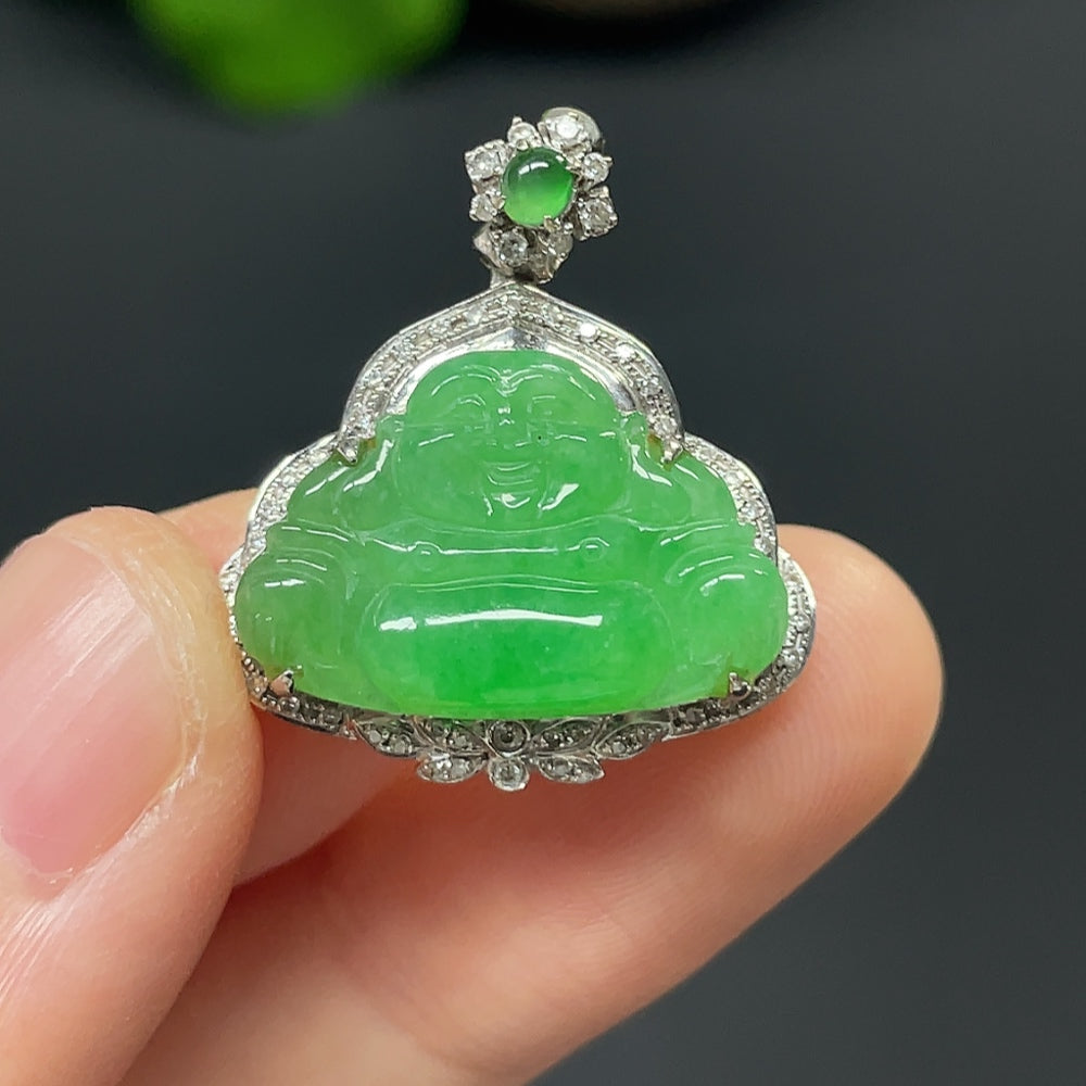 Jadeite Buddha pendant with 18K gold accents and diamond details, showcasing a detailed Buddhist figure on a necklace.