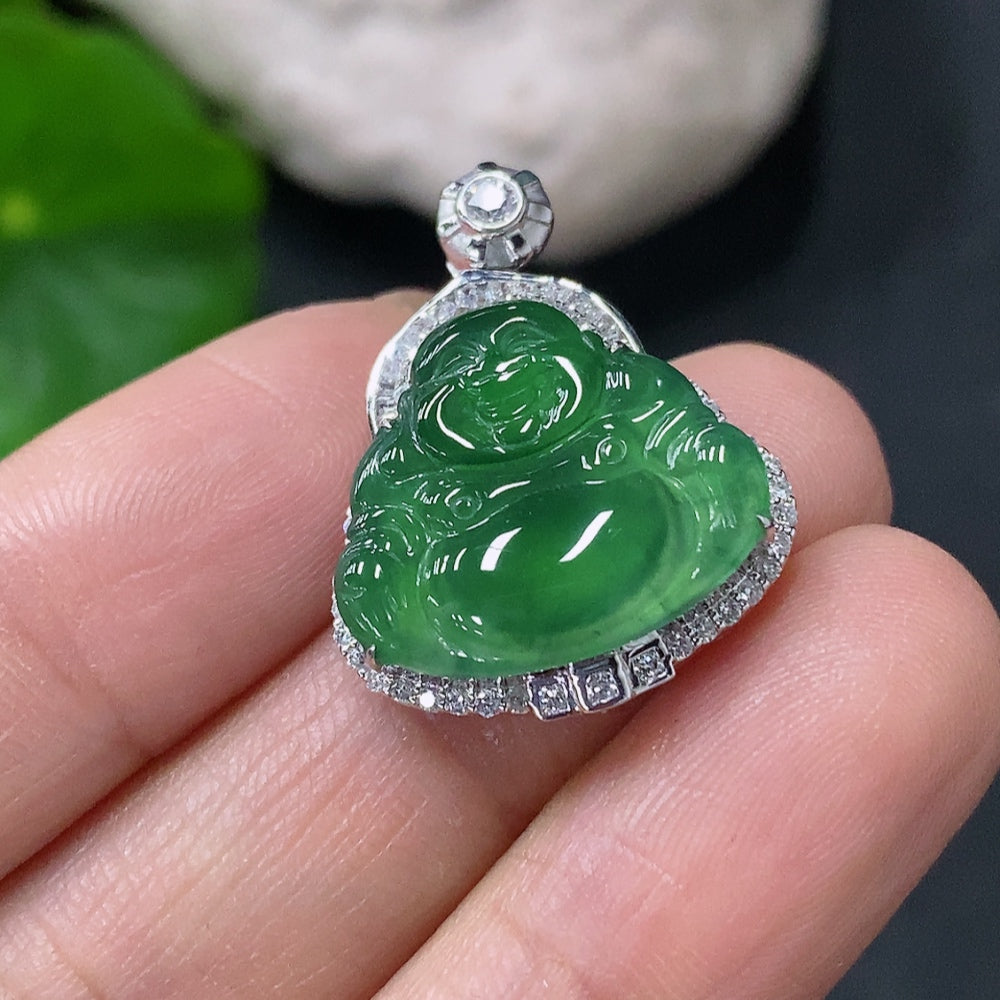 Jadeite Buddha Pendant Set in . (with Diamond Accents) | Huiliu Certified