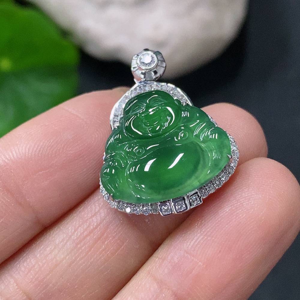 Huiliu Jadeite Buddha pendant set with diamond accents, featuring a carved jade Buddha figure on a matching jade necklace.
