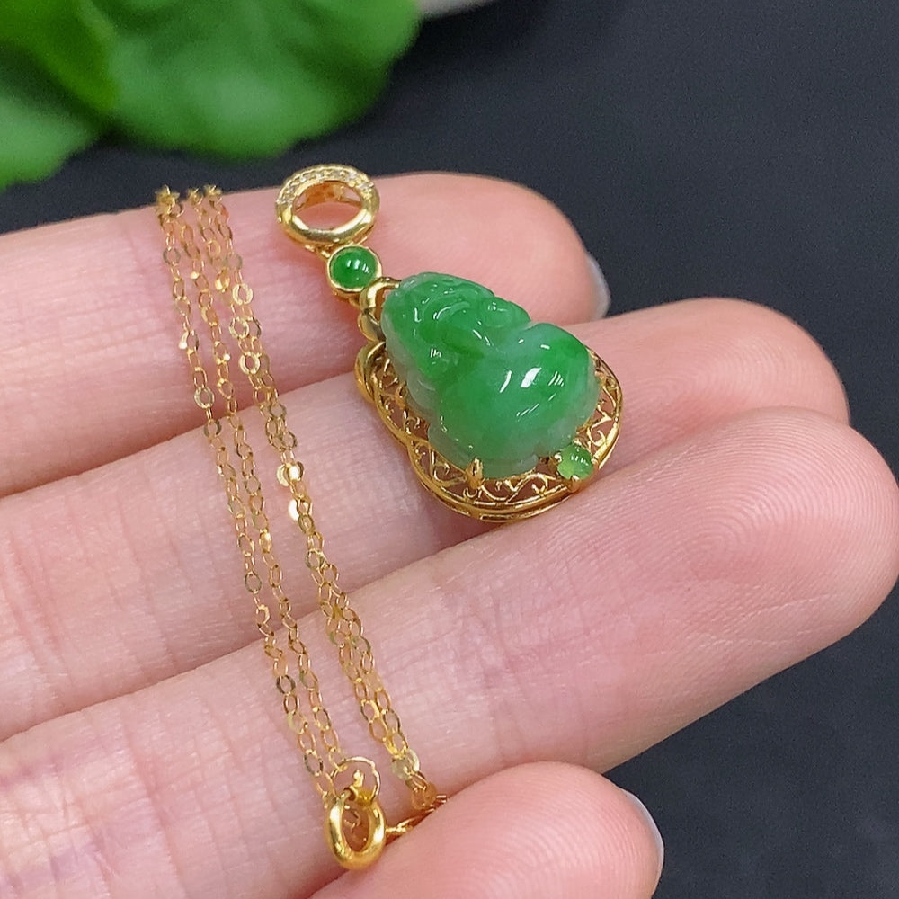 Jadeite Pi Xiu Inlaid Pendant 18K Gold Total Weight Approx. 1.9g Including Chain
