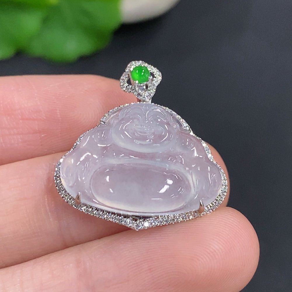 Jadeite Buddha Pendant Set in 18K Gold, Total Weight Approx. 3.7g (with Diamond Accents)