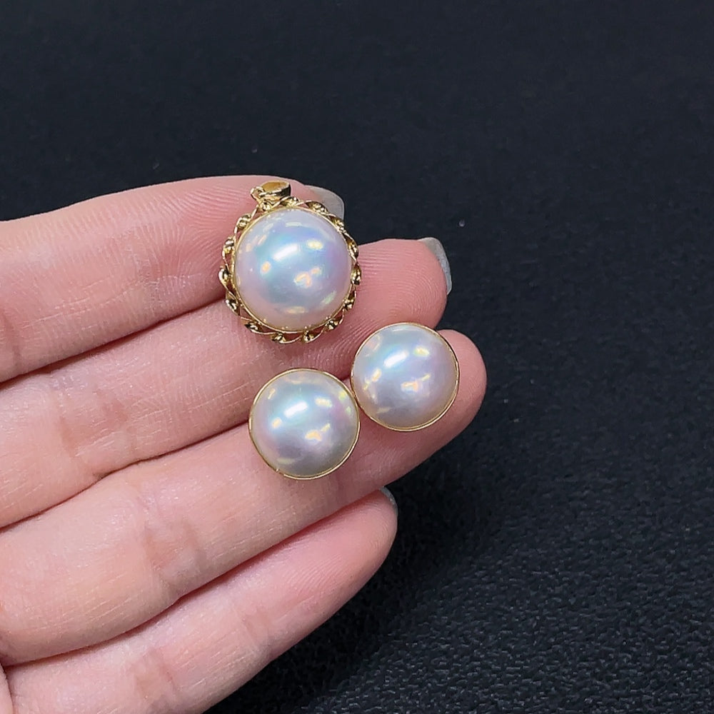 Composite Saltwater Pearl Pendant and Earring Set, 18K Gold