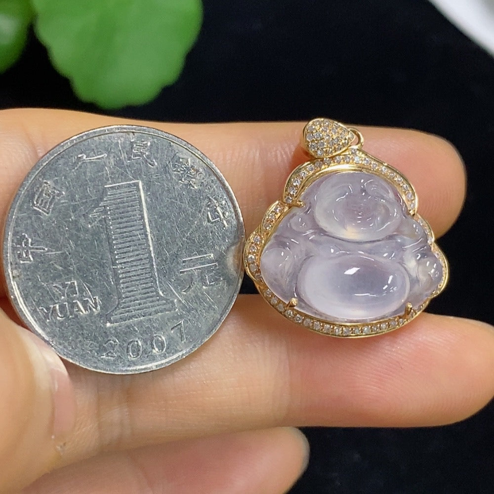 Jadeite Buddha Pendant with 18k Gold and Diamond Accents, Total Weight Approximately 3.87g