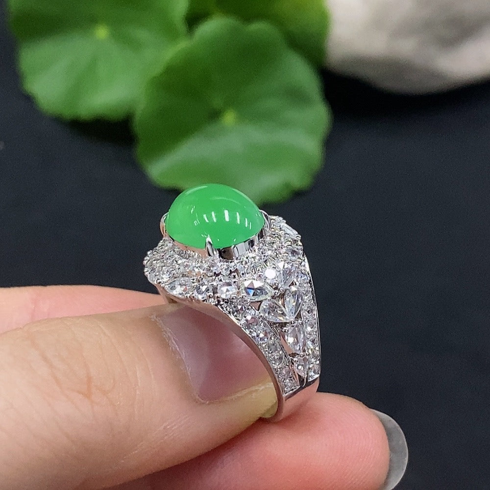 Jadeite Cabochon Ring with 18K Gold, Size 15, Accented with Diamonds, Total Weight Approx. 7.7g