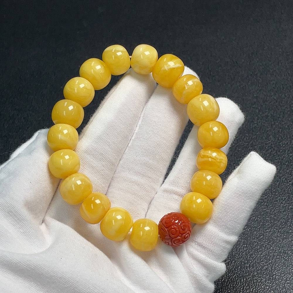 Amber Beeswax bracelet with Southern Red Agate beads, approximately 12.7mm, by HUILIU HQ, showcasing natural amber and red gemstone beads.