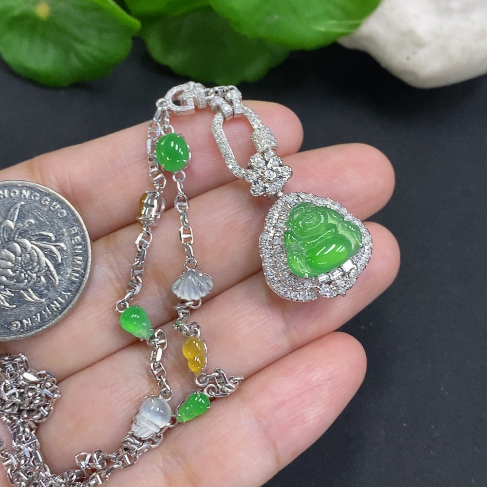 Jadeite Buddha pendant with 18K gold mount, accented with diamonds, weighing approximately 12.3g including chain, by HUILIU HQ