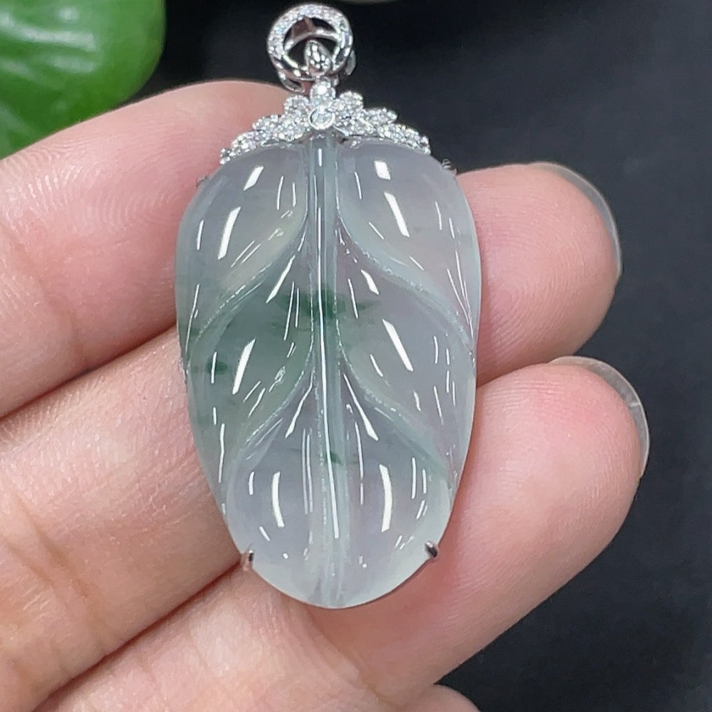 Jadeite Pendant Leaf with 18K Gold and Diamond Accents, Total Weight Approx. 4.45g