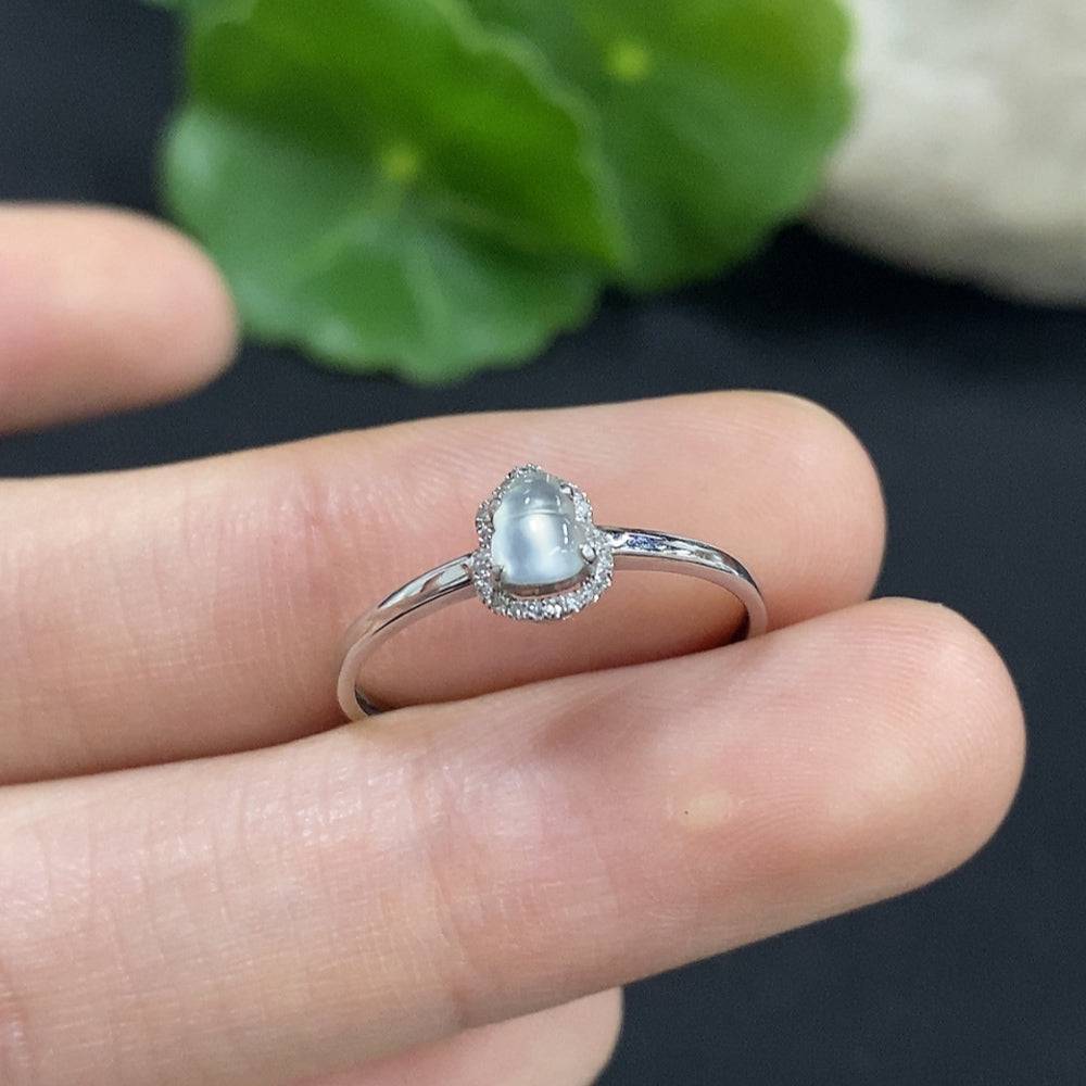 Jadeite gourd ring with 18K gold band, diamond accents, size 13, featuring intricate inlay work and a polished jade surface.