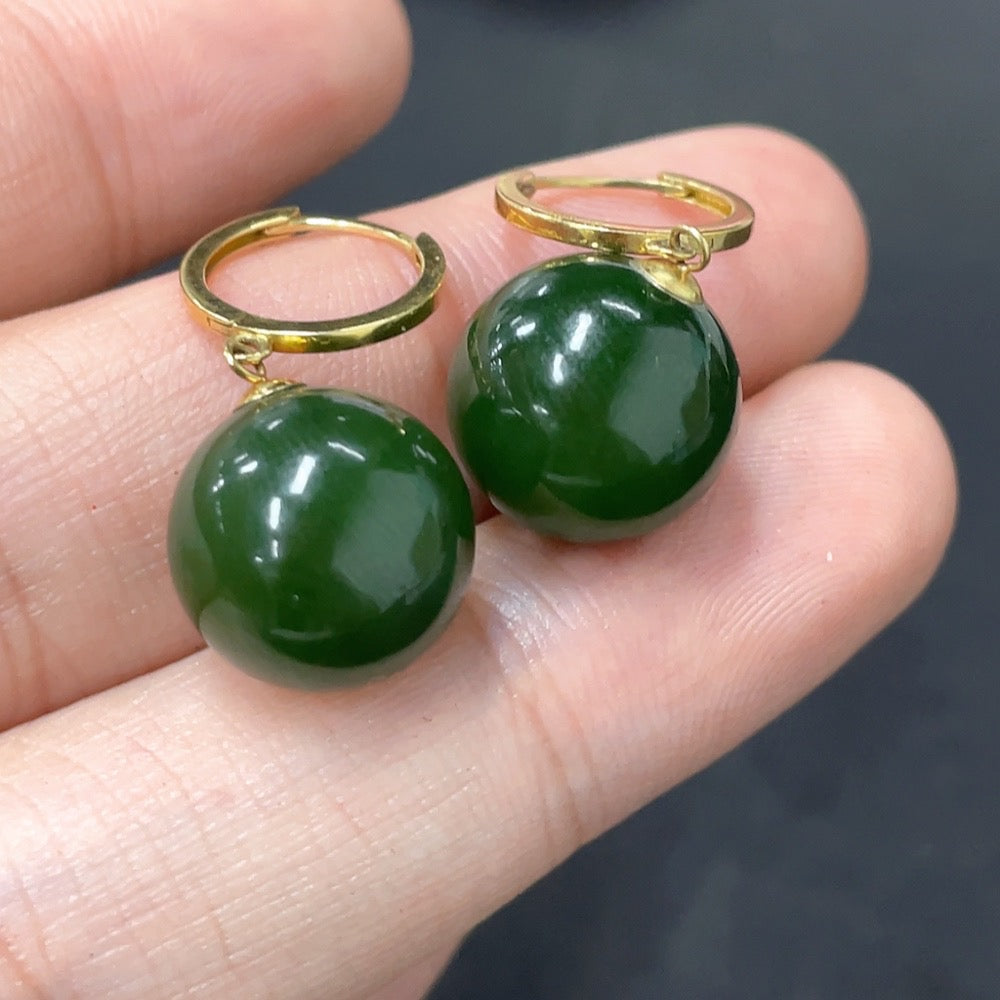 Huiliu certified Hetian jade inlaid earrings, 11.7mm, featuring smooth green jade in a stylish design.