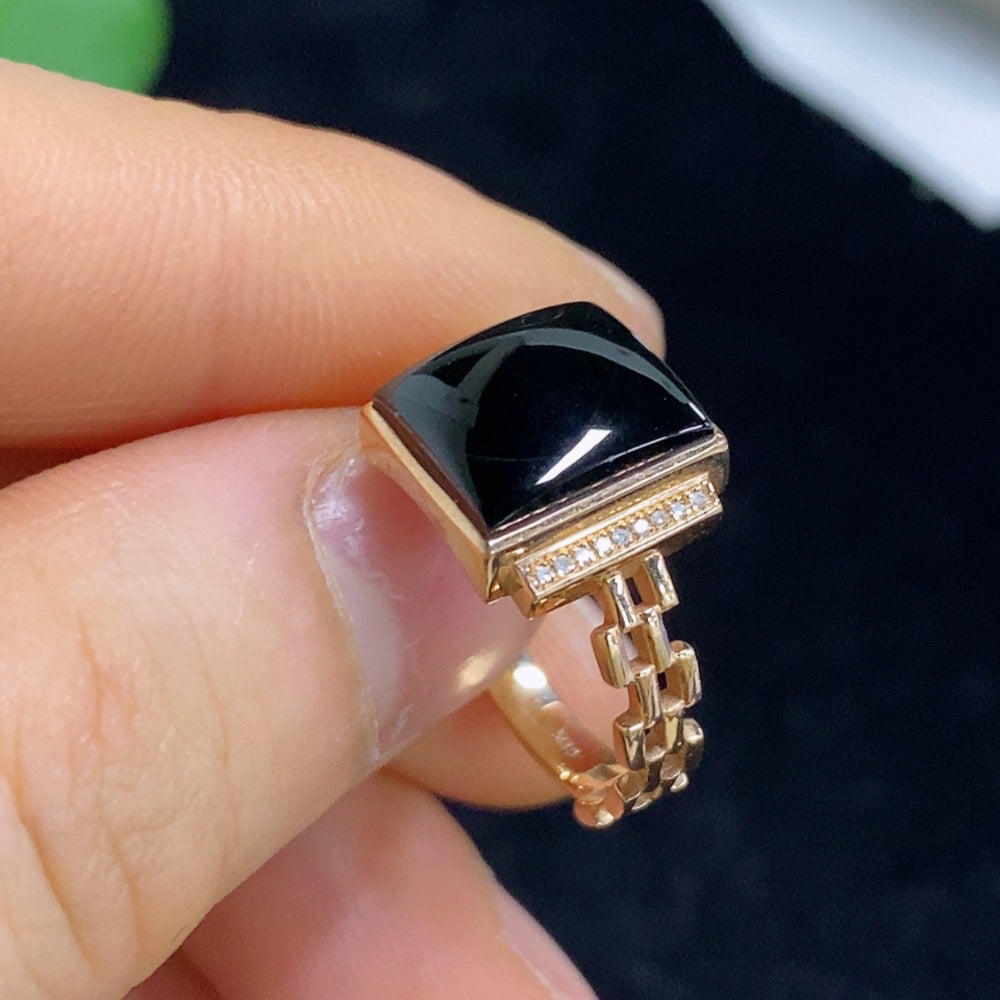 Jadeite Inlaid Ring 18k with Diamond Accents Size 14 Total Weight Approx. 3.58g
