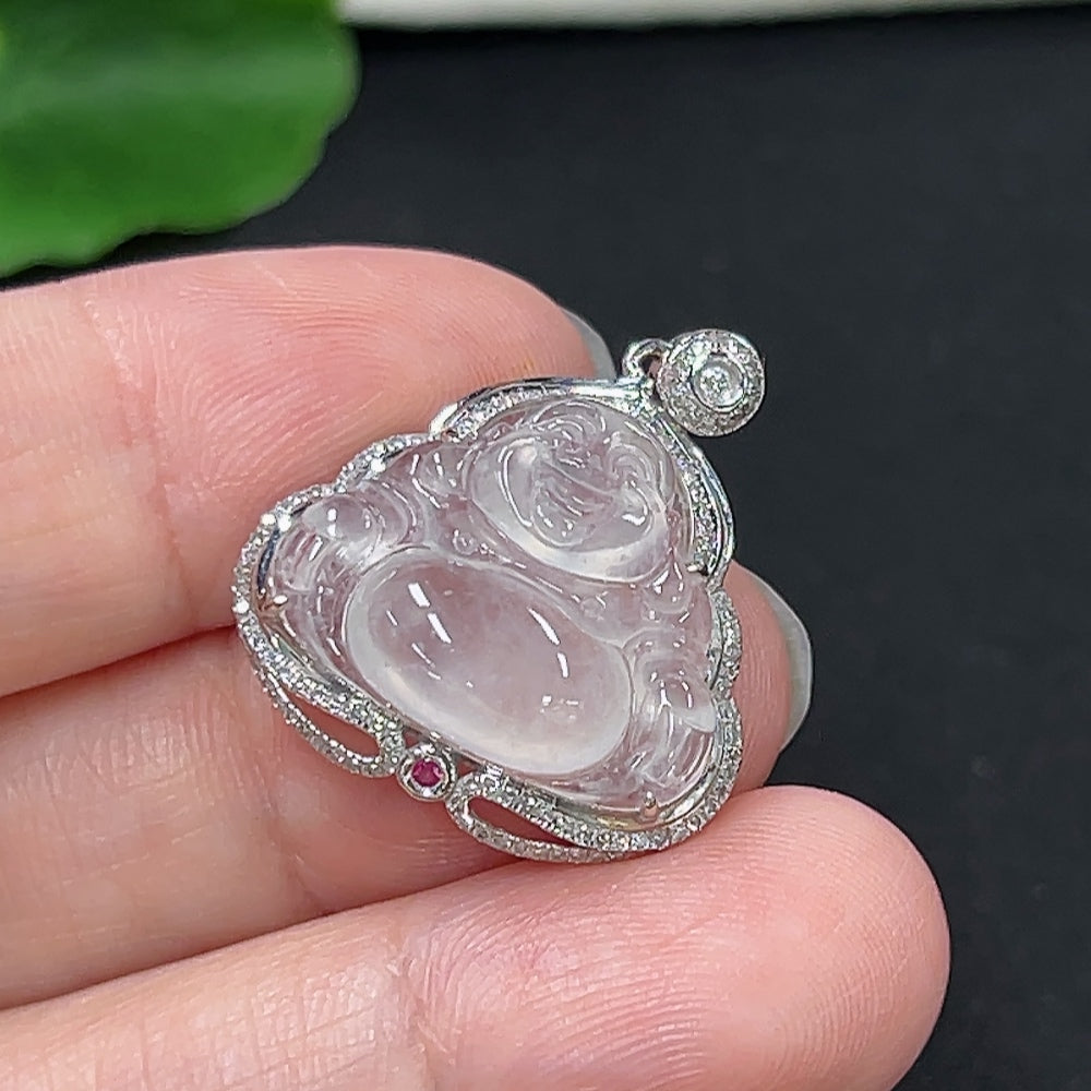 Jadeite Buddha Pendant Set in 18K Gold with Diamond Accents, Total Weight Approx. 3.3g