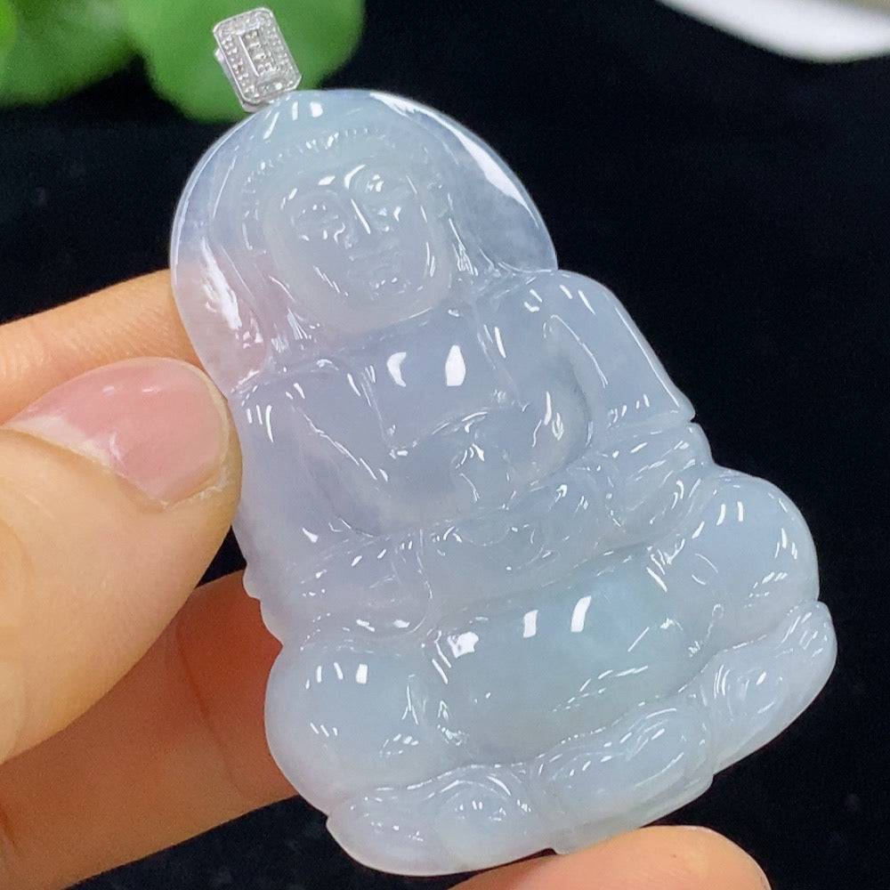 Huiliu Jadeite Guanyin pendant with diamond accents, carved jade figure, approximately 17.22 grams, certified by Huiliu.