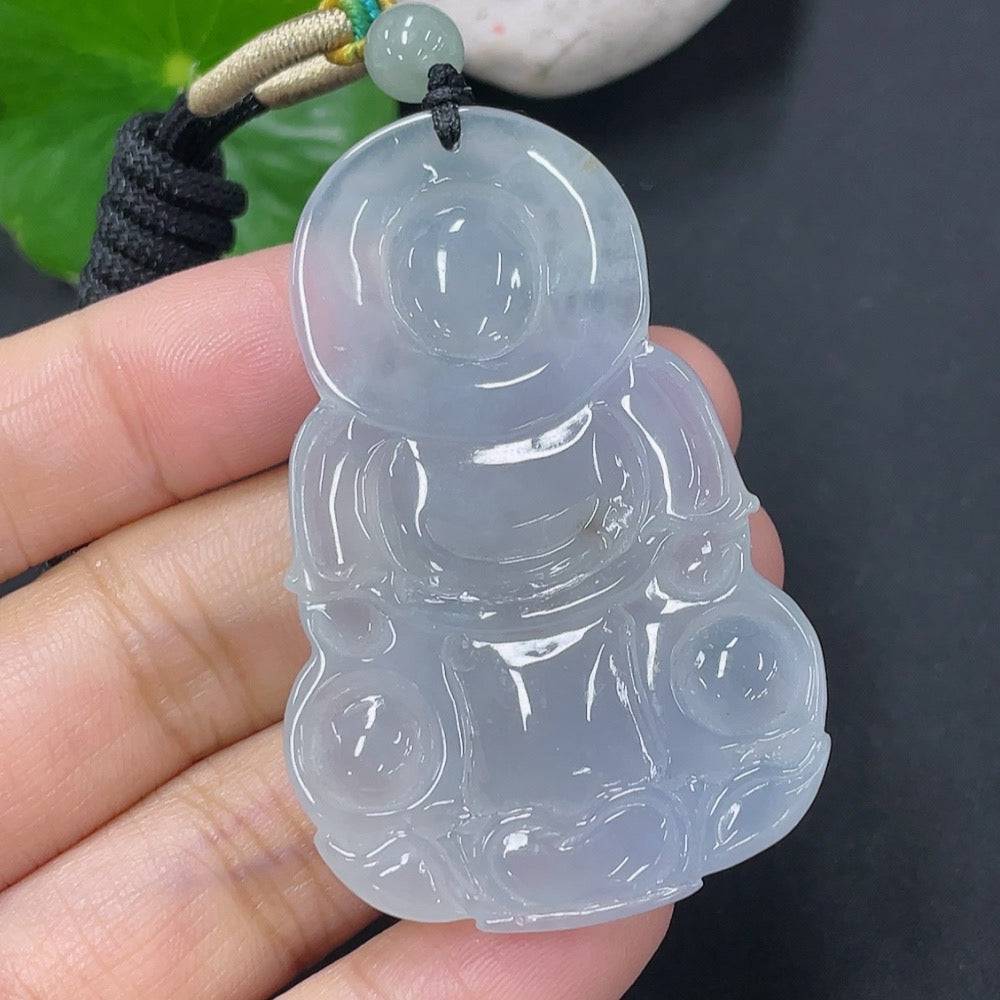 Huiliu Jadeite Pendant featuring Guanyin figure on a rope, crafted from high-quality jade, certified by Huiliu HQ.