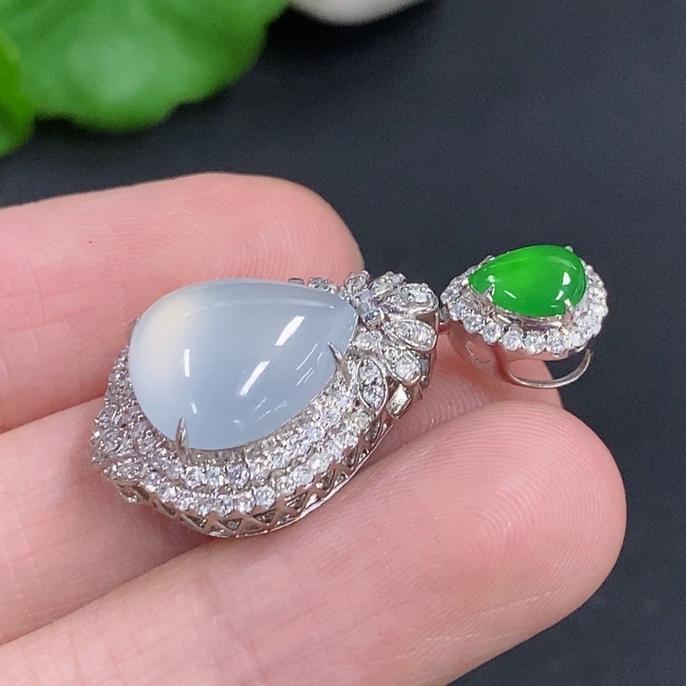 Jadeite water drop pendant necklace by HKHQ with 18K gold and diamond accents, showcasing a polished green jade pendant.