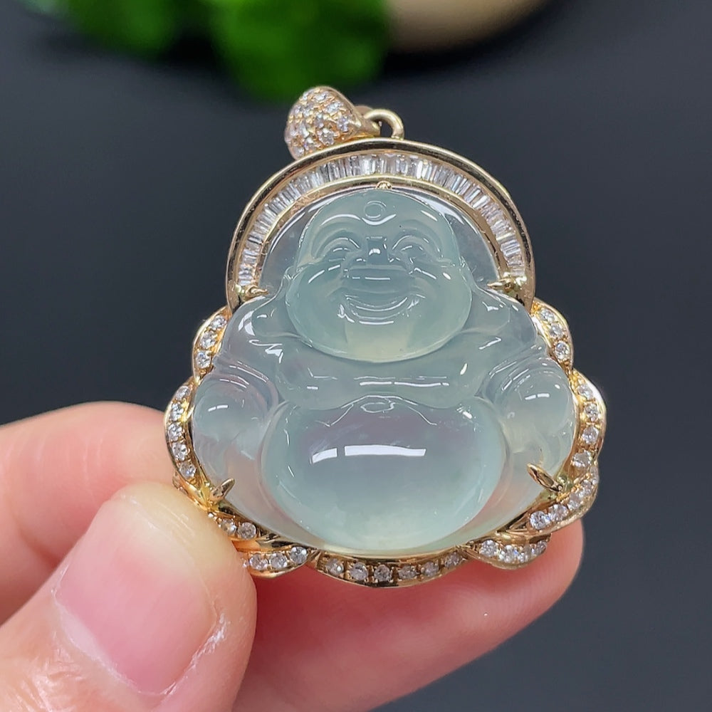 Jadeite Buddha Pendant with 18k Gold and Diamond Accents, Total Weight Approximately 11.47g