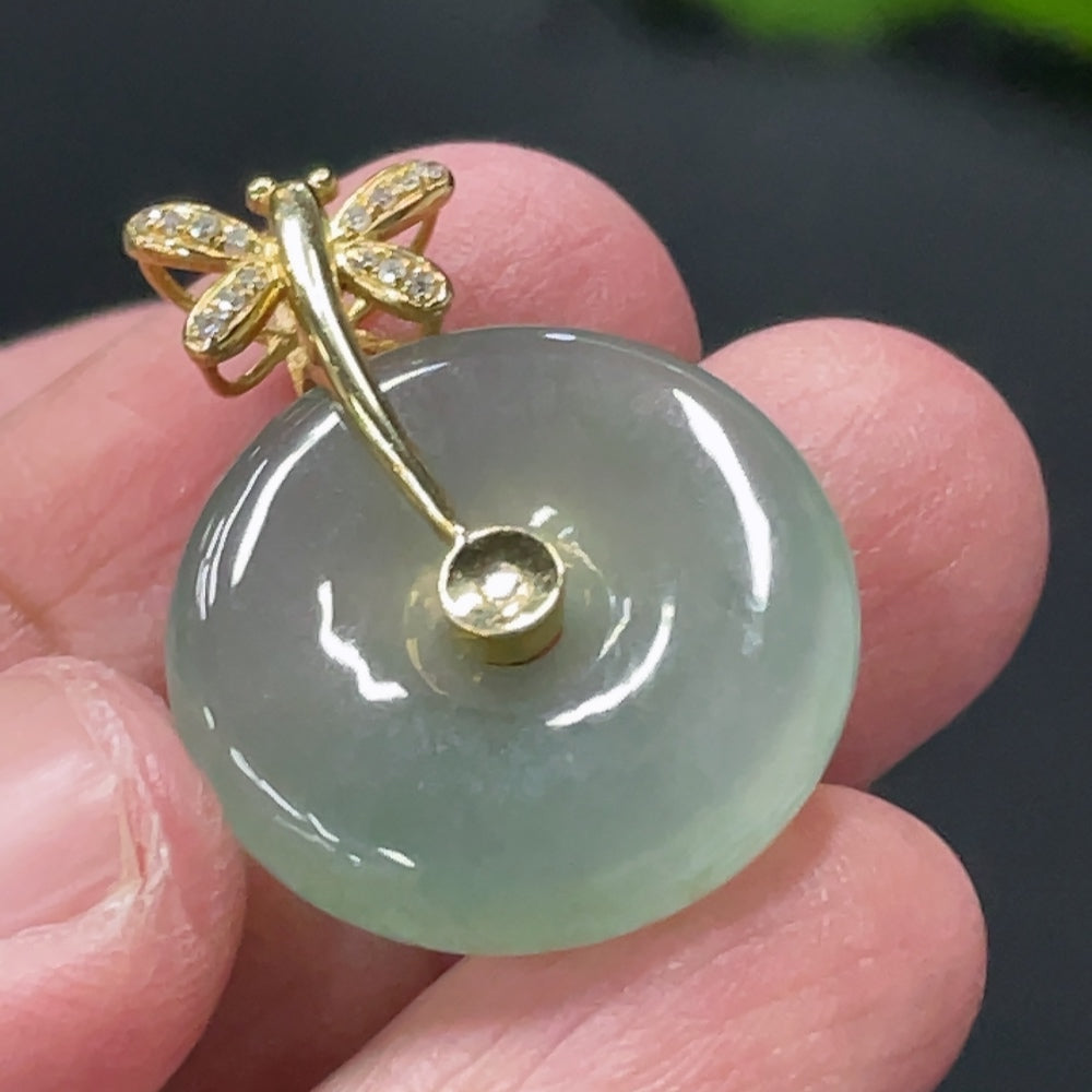 Jadeite Peace Pendant with 18K Gold Bail and Diamond Accents, Total Weight Approx. 5g