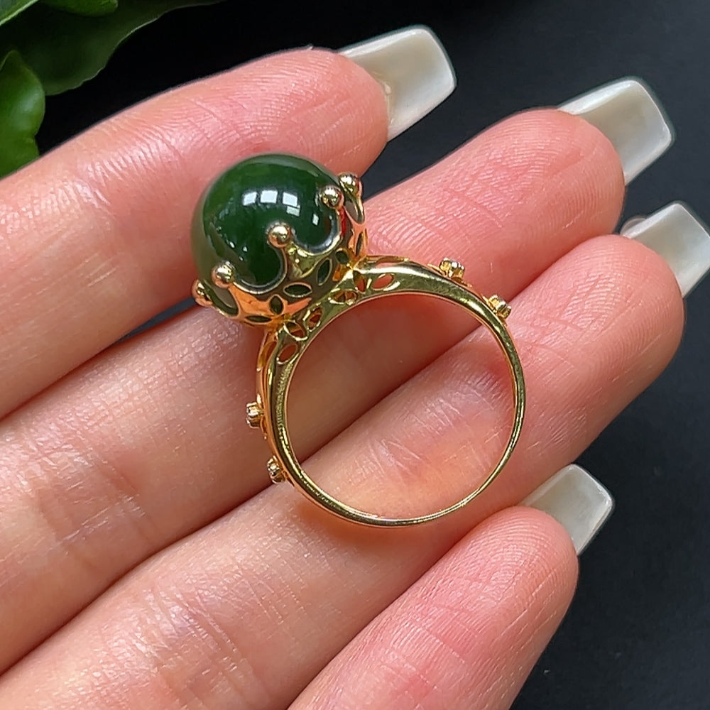 Hetian Jade Round Bead Ring with 18K Gold and Diamond Accents