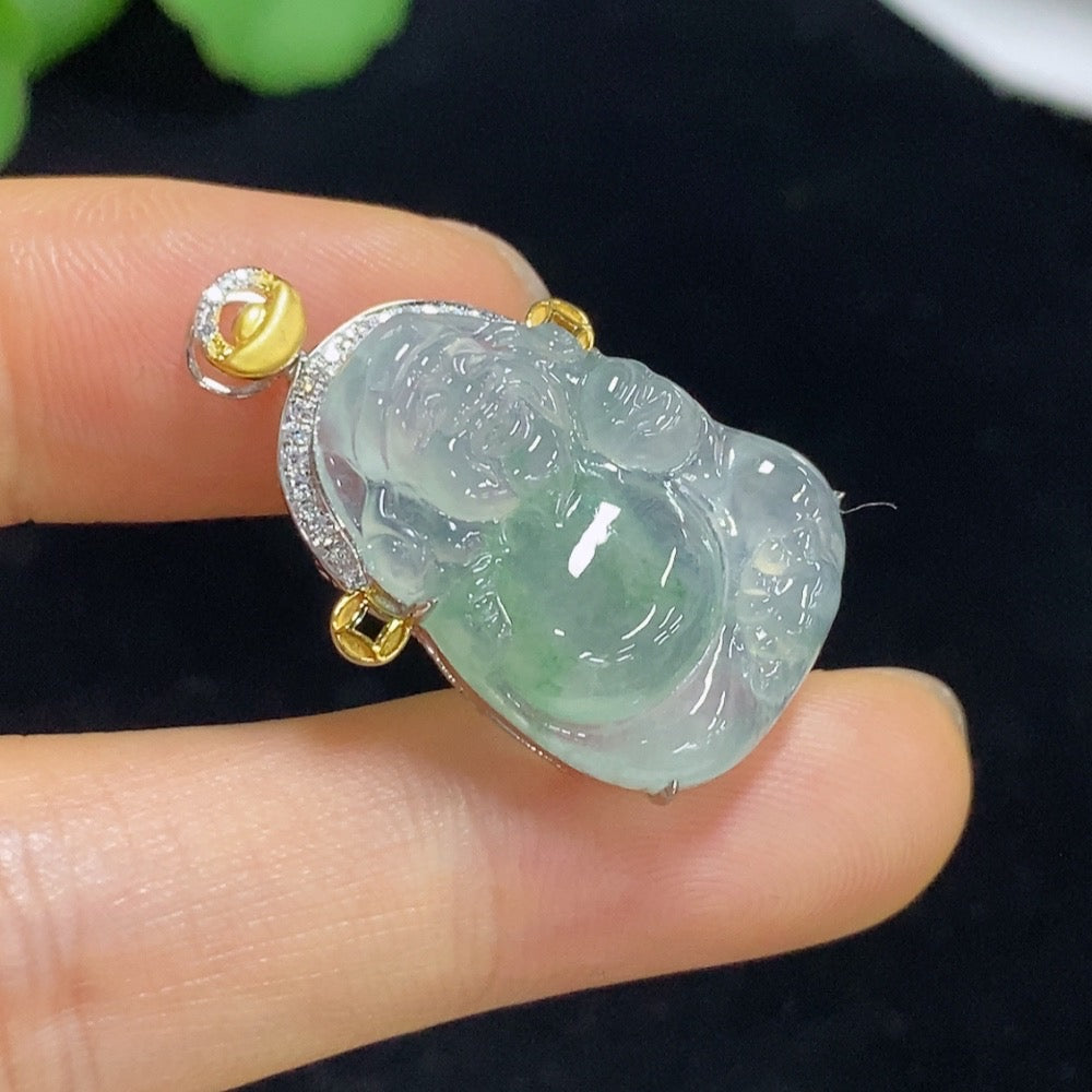 Jadeite Maitreya Inlaid Pendant 18k with Diamond, Total Weight Approx. 4.46g