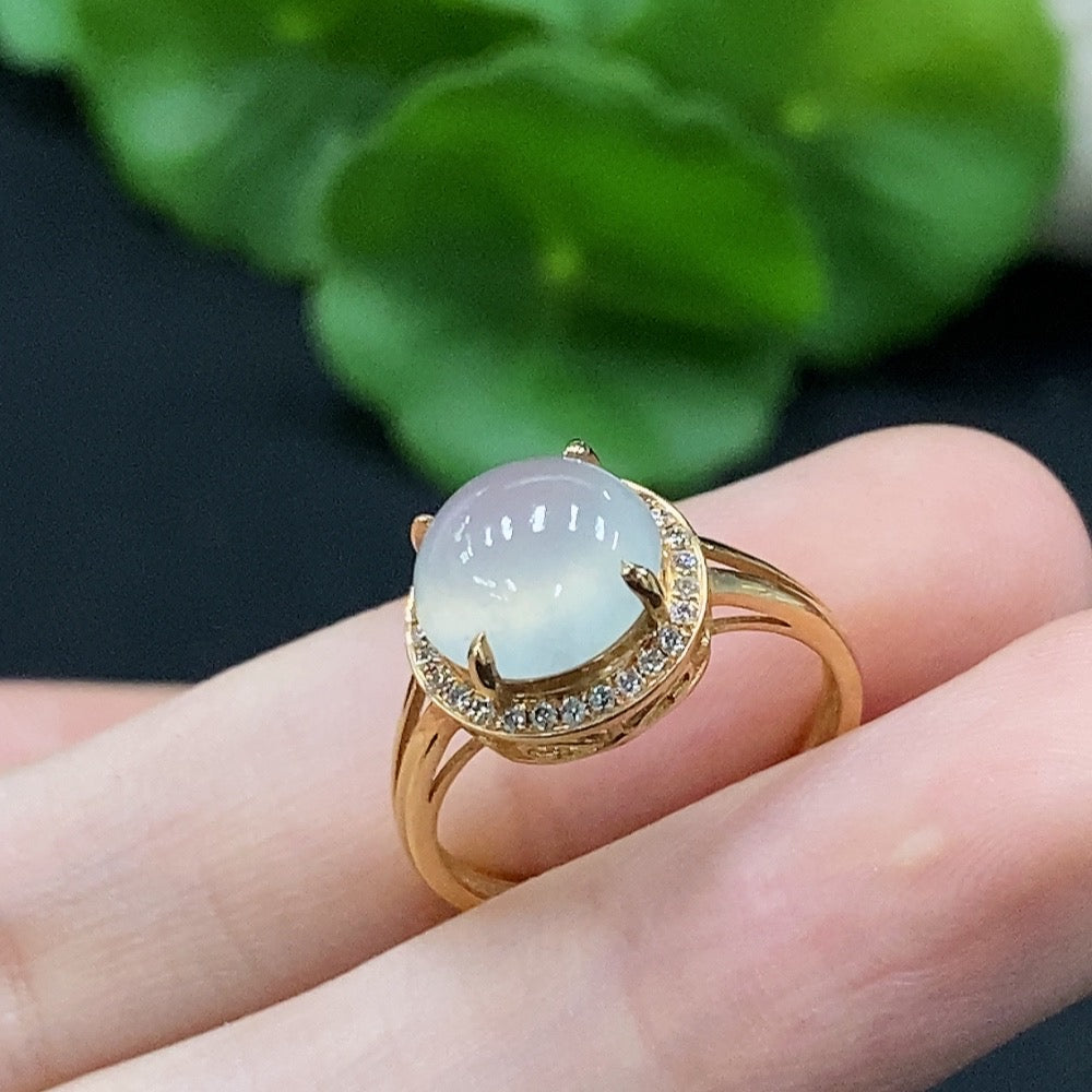 Jadeite Cabochon Solitaire Ring in, with Diamond Accents, . | Huiliu Certified