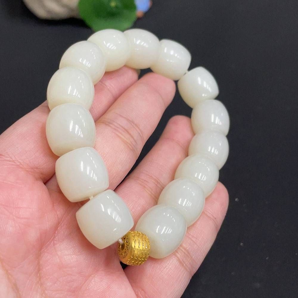 Hetian Jade bracelet with 14.8mm beads, 83g weight, 18k gold tested, natural jade, no hallmark, by HUILIU HQ.
