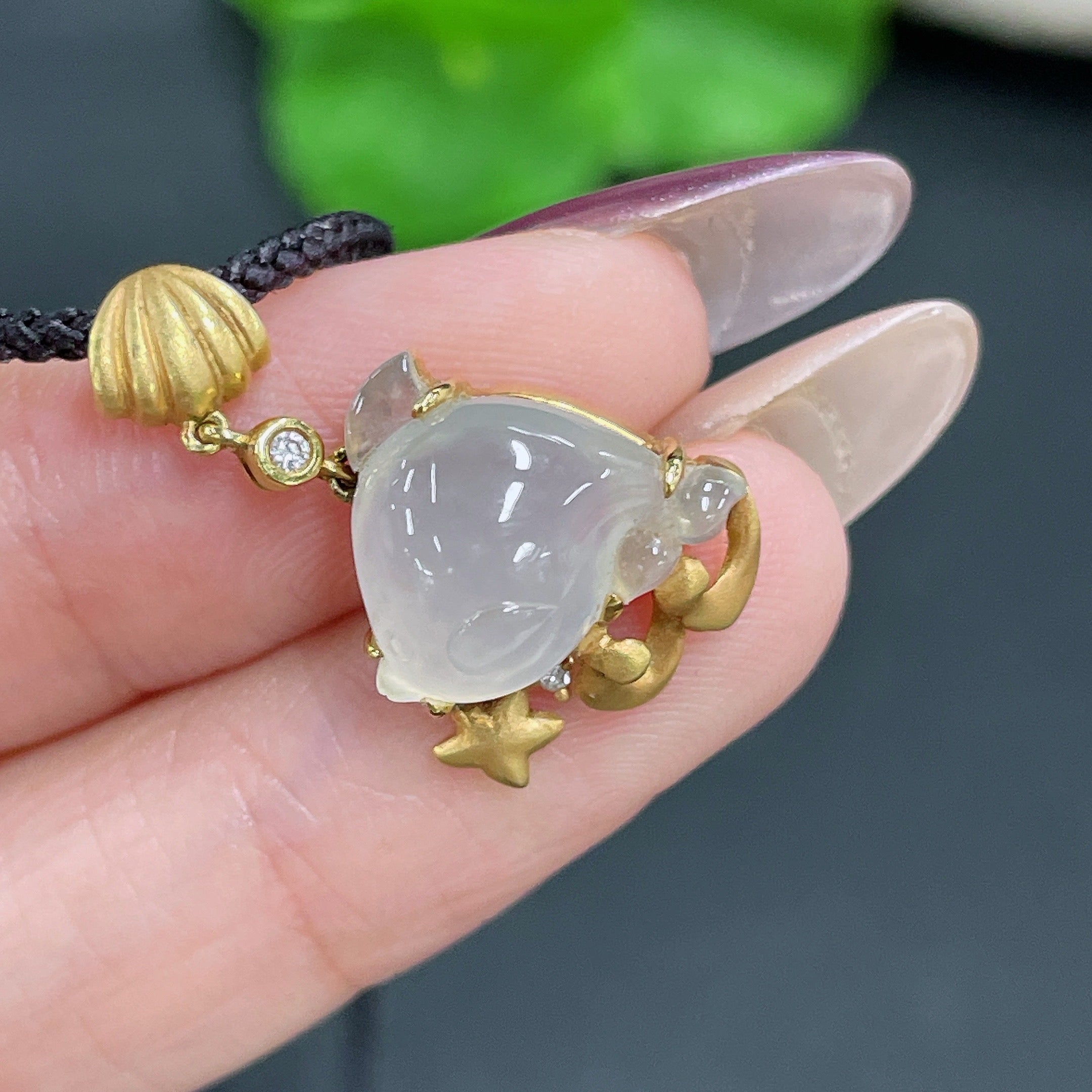 Jadeite Inlaid Pendant No Hallmark 18K Gold Content Diamond Accent Total Weight Approx. 5.28g (Including Cord)