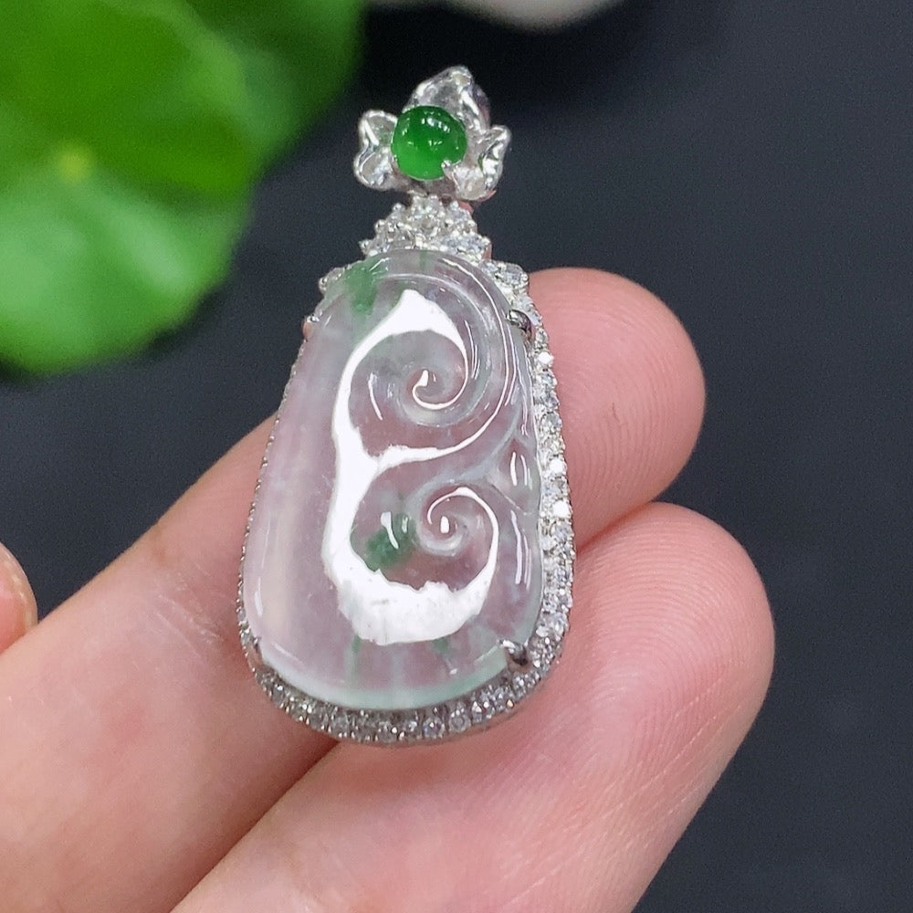 Jadeite Ruyi Inlaid Pendant 18K Gold Total Weight Approx. 3.6g (with Diamond Accents)