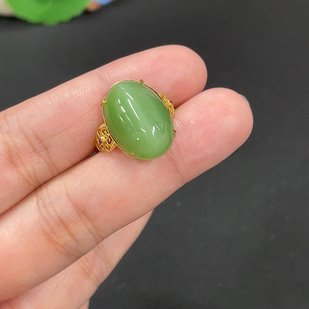 Hetian Jade Inlaid Ring Size 15 Total Weight Approx. 3.5g 18k Band Gold Content 70%