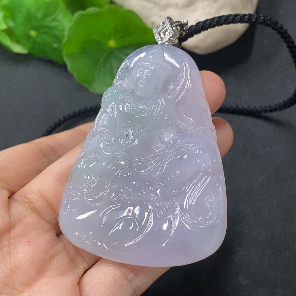 Jadeite Guanyin pendant from HUILIU HQ, showcasing intricate carved figure, weighs about 46g, with non-gold clasp and cord accessories.