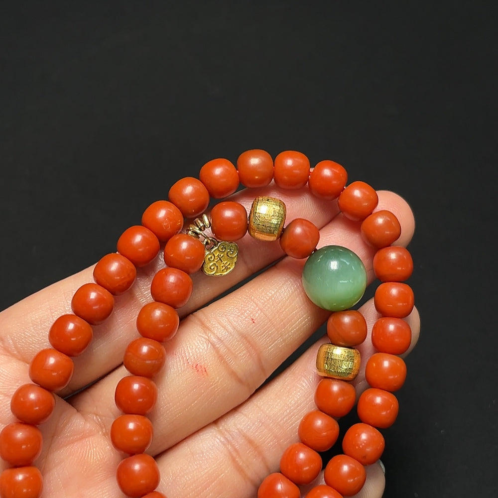 Southern Red Agate and Hetian Jade Bead Strand with 18K Gold