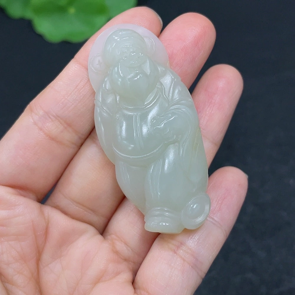 Hetian jade pendant featuring the God of Wealth, weighing approximately 18.7g, crafted by HKHQ in smooth, polished jade.