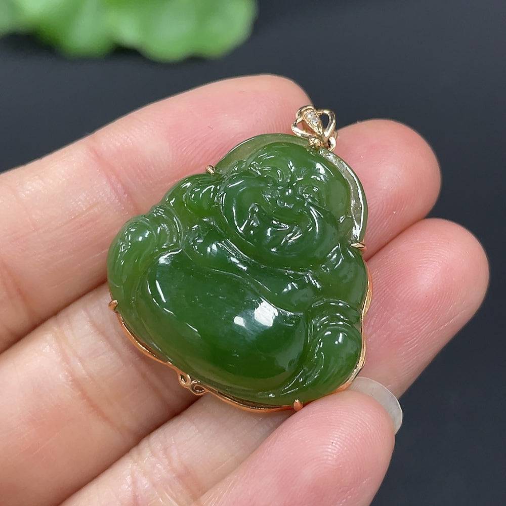 Huiliu HQ Hetian Jade Jasper Inlaid Buddha sculpture with intricate detailing, non-diamond, certified jade piece.